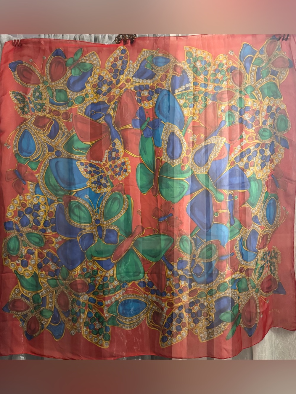 Vintage CHANEL Multicolor Butterfly & Jewels Silk Scarf